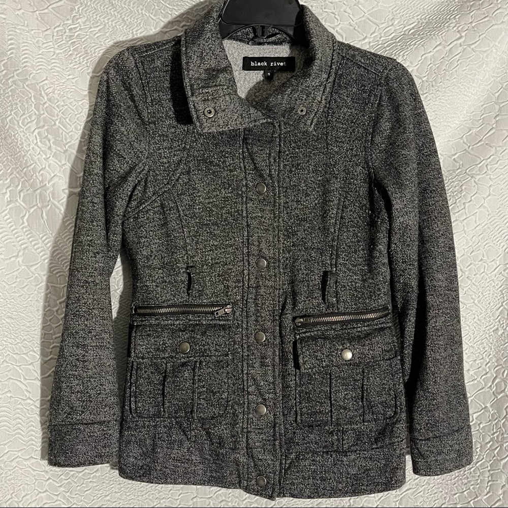 Black Rivet Snap Button Utility Winter Jacket with Pockets zippers and m…